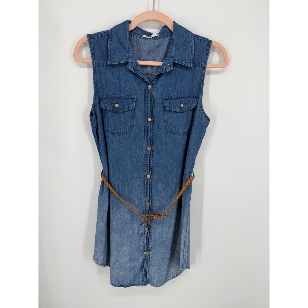 Denim Top/Dress Women Medium Blue Ombre Sleeveless Belted Button Up Cowgirl Boho - Picture 1 of 7